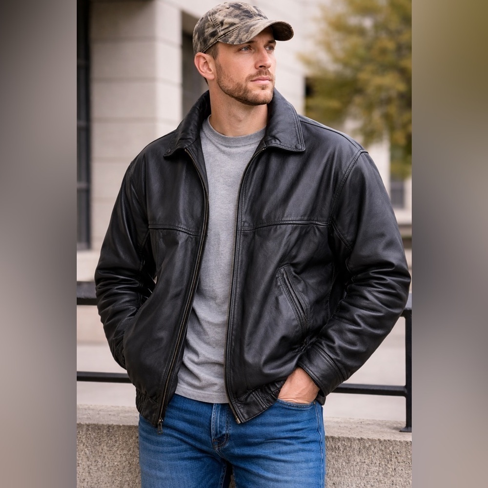 Wilda Vintage Men’s Black Genuine Leather Bomber Jacket L Lined Zip Front